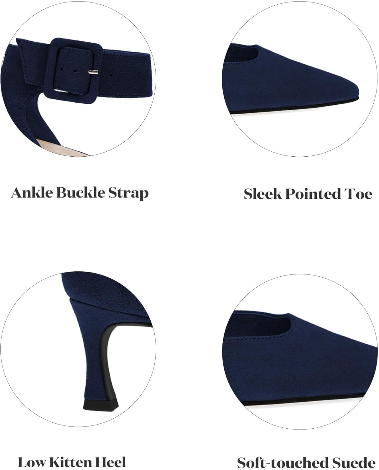 Coutgo Womens Kitten Low Heels Closed Pointed Toe Ankle Buckle Strap Pumps Suede Dress Wedding Shoes