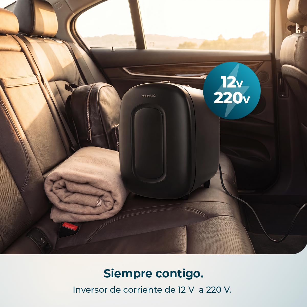Cecotec Mini Frigorífico Bolero MiniCooling 4L Capri Black. Funciona a 12V y 220V, Ideal para Coche y Caravanas, Función de Enfriamiento y Calentamiento, Rango de 7 a 50 Grados, Fácil Transporte