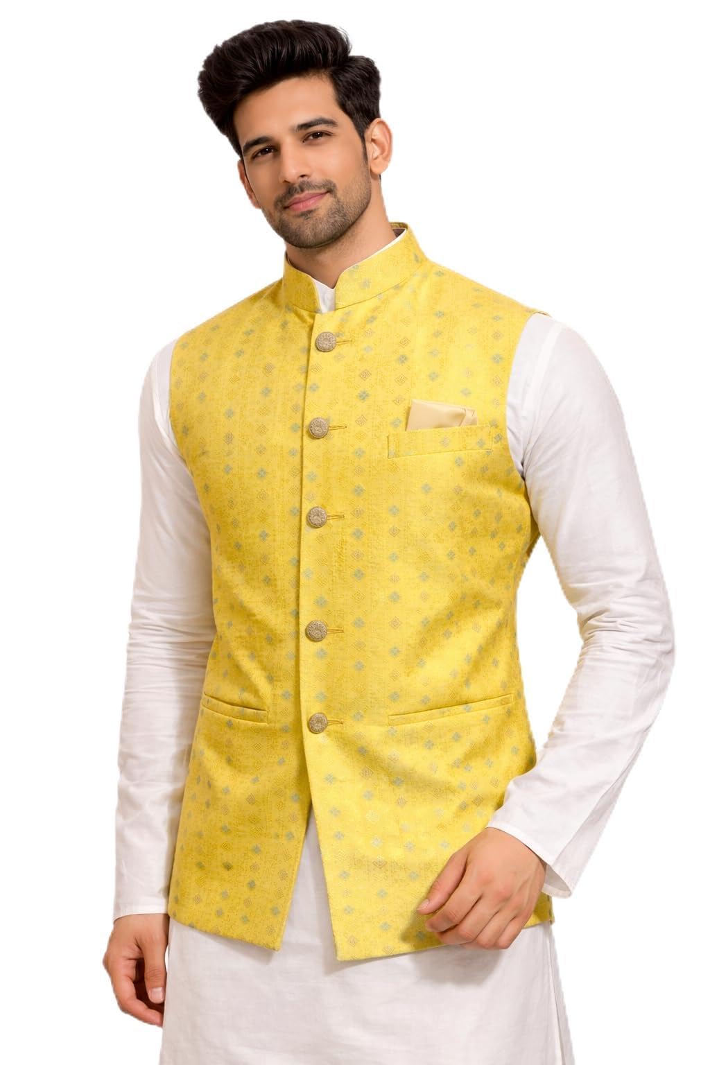 Men's Yellow Nehru Jacket with Geometric Woven Pattern, Mandarin Collar, Antique-Finish Buttons-image-36