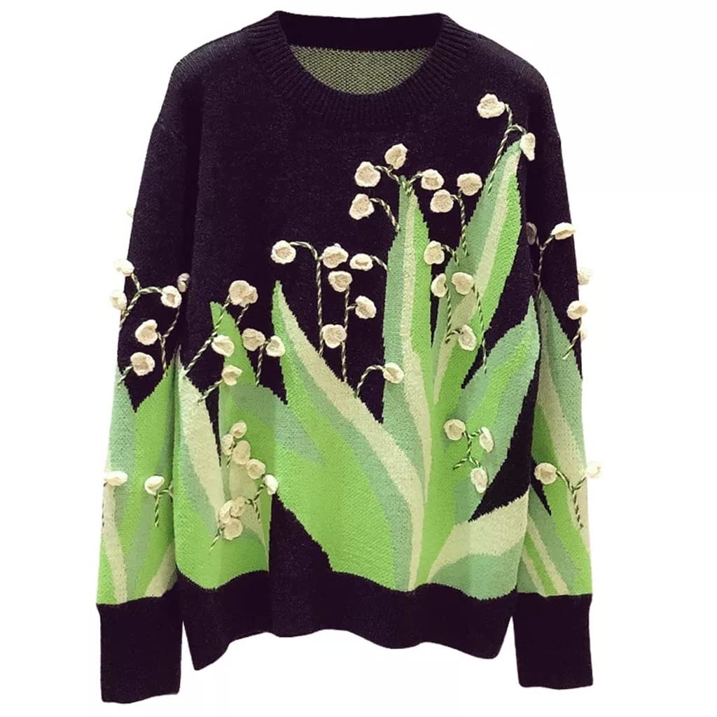 Jesienno-zimowy trójwymiarowy sweter żakardowy w stylu vintage damski swobodny czarny sweter dziewczęcy bluzki z dzianiny (kolor: D, rozmiar: kod M) (kod DL)