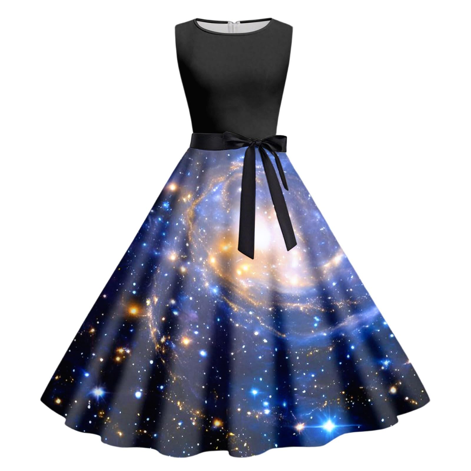 Zanisouta Galaxy Costume Women's Colourful Cocktail Dress Galaxy Dress Long Space Planets Round Neck Swing Skirt Carnival Starry Sky Short Sleeve Dress Space Digital Print Glitter Dress, T Blue, S โ image 1
