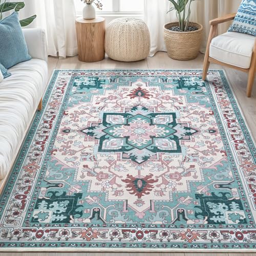 5x7 Area Rugs, Vintage Washable Area Rug for Living Room, Floral Boho Area Rugs for Bedroom, Office, Non-Slip Colorful Rug, Traditional Vintage Style, Plush Low-Pile Soft Carpet, Light Blue