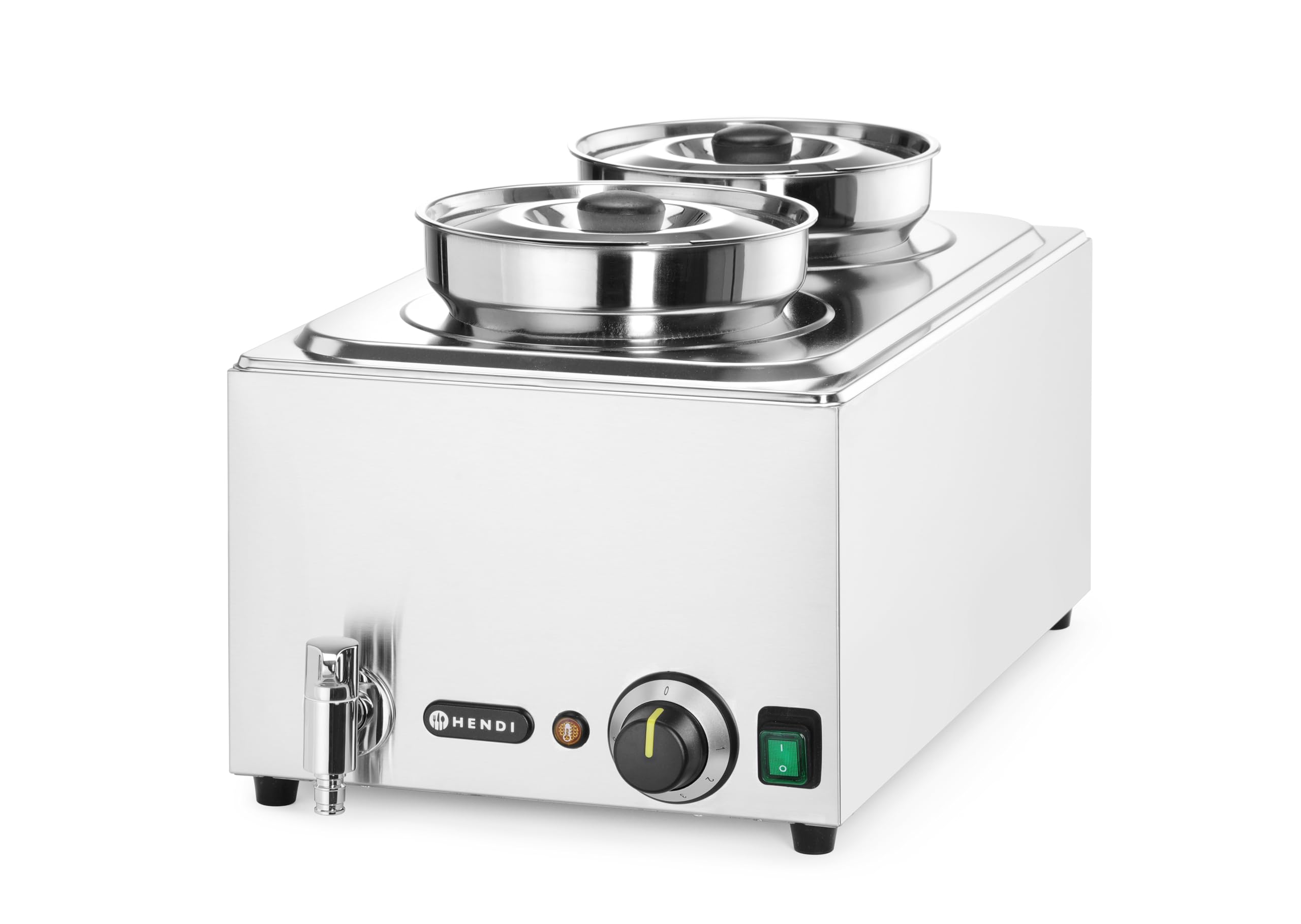 HENDI Bagnomaria elettrico, con rubinetto, scaldavivande per buffet, temperatura regolabile 30–85°C, inclusi 2 contenitori rotondi con coperchi, 8 L, 220V, 1000W, 604x332x(H)315mm, inox