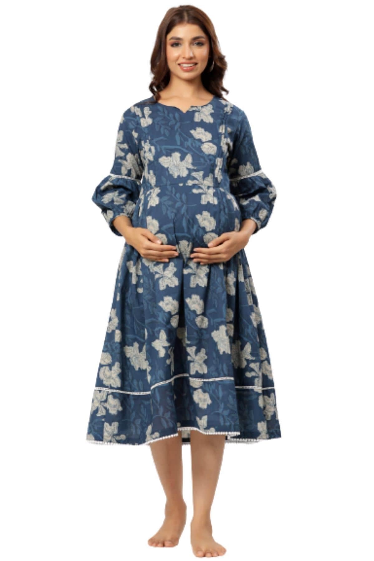 Women's Cotton Floral Print Maternity Midi Dress/Breastfeeding Dress/Western Dress with Zippers for Nursing Pre and Post Pregnancy | Color- Indigo-image-15