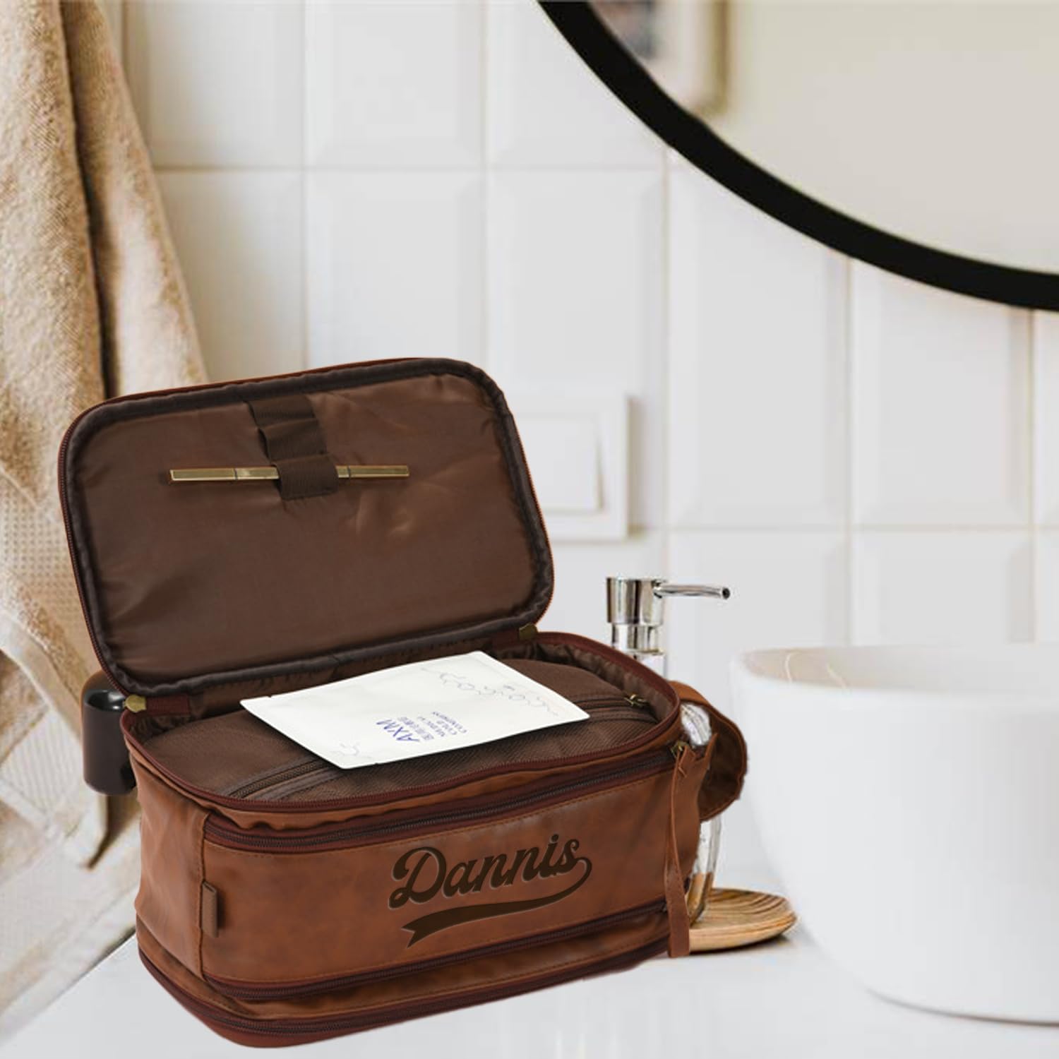 Personalized PU Leather Toiletry Bag for Men, Custom Travel Dopp Kit