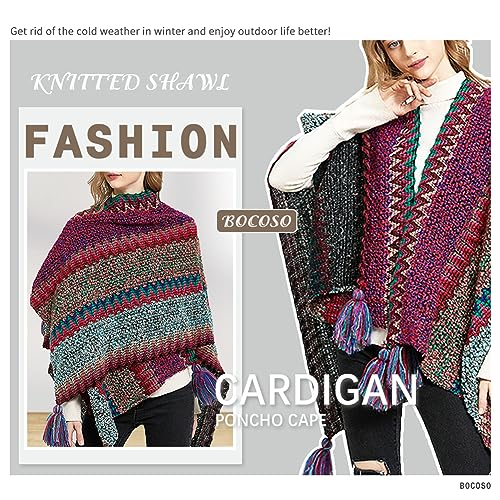 Knit Shawl Wrap Poncho Cape for Women, Ladies Knitted Cardigan Kimono with Fringe for Fall Winter2
