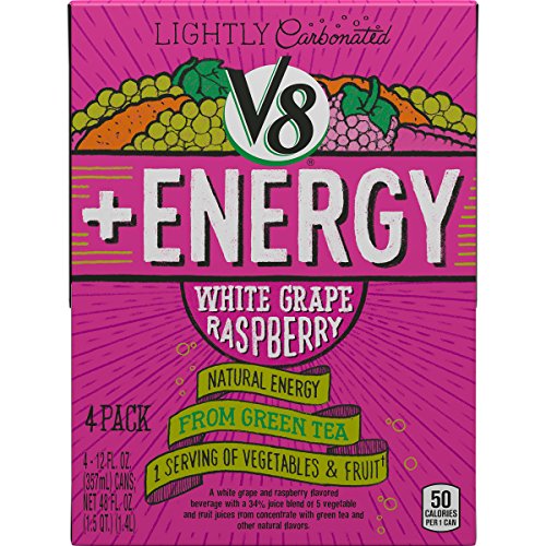 V8 +Energy Lightly Carbonated, White Grape Raspberry, 12 Ounce, 4 Count