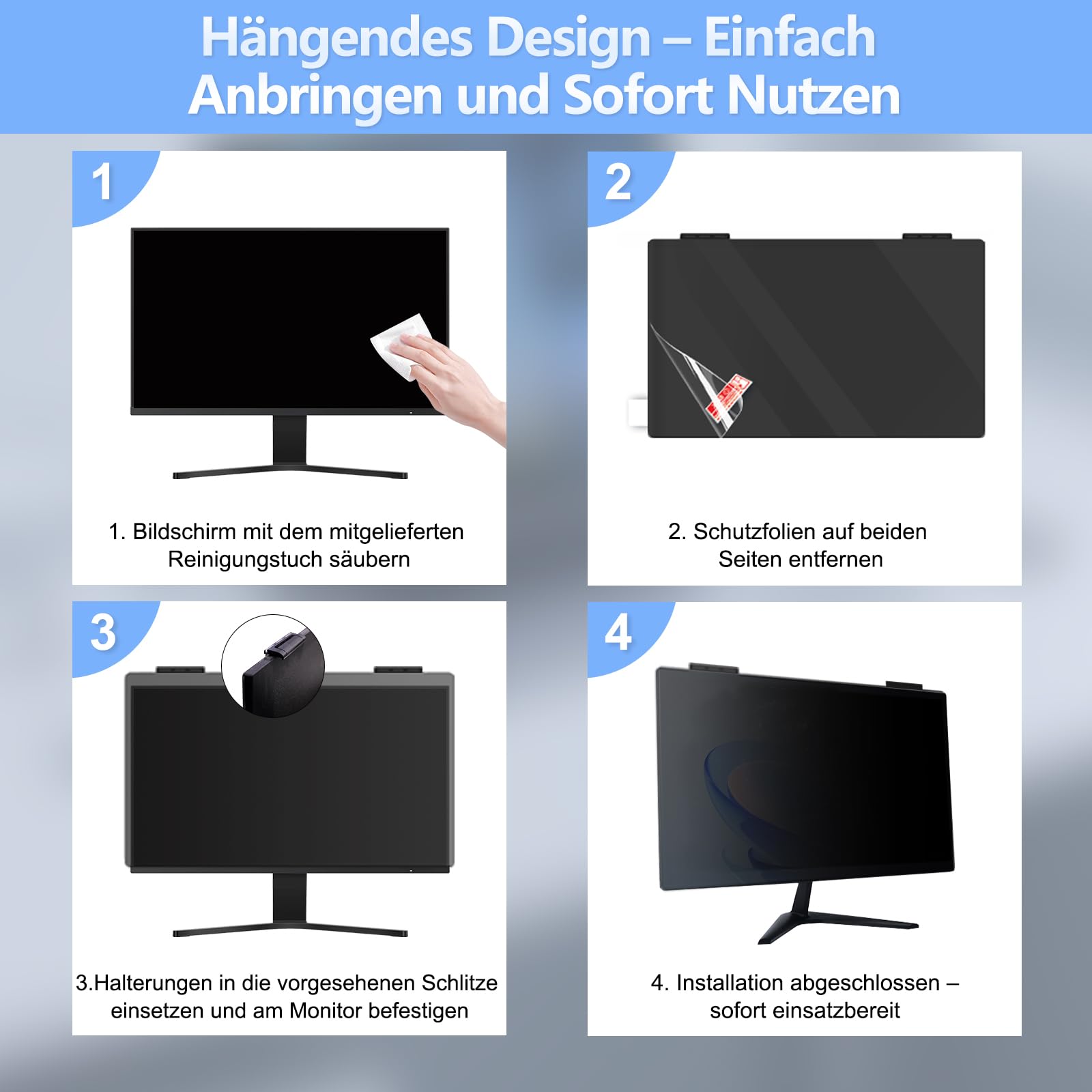 Zspeed 2 Pack Blickschutzfilter 24 Zoll Monitor 16:9, Hängend Ohne Kleben | Abnehmbarer, Anti-Blaulicht und Blendschutz für Büro & Homeoffice