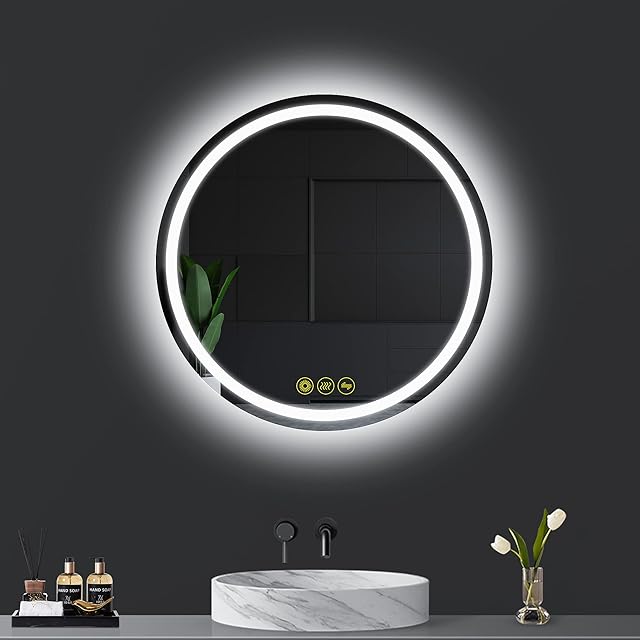 AI-LIGHTING 600mm Round Bathroom LED Mirror Illuminated Backlit Bathroom Circle Mirror with LED Lights for Wall Touch Switch Demister 3 LED Light Color Dimmable