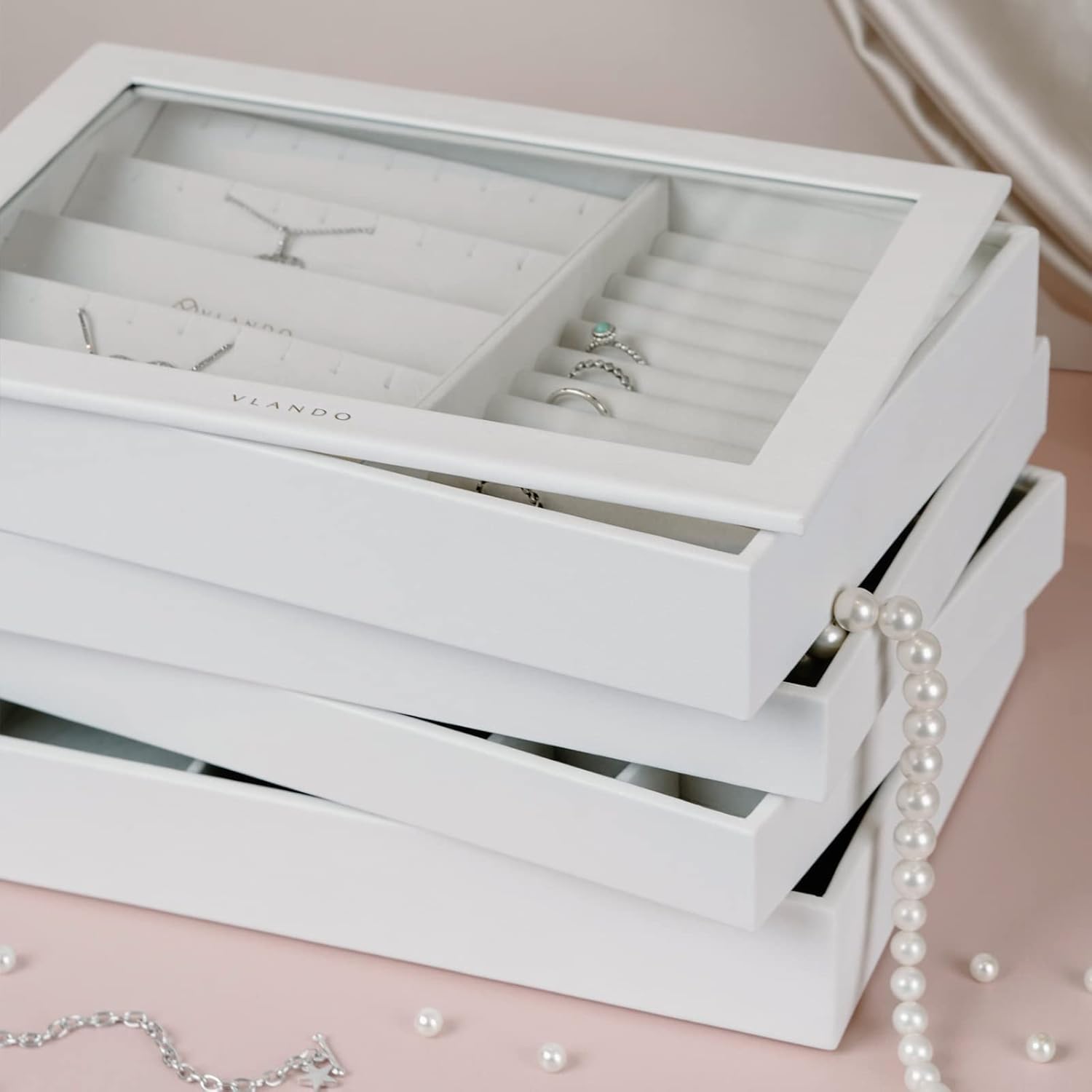 Vlando Miller Jewelry Trays Stackable Showcase Display Drawer Organizer Storage Toughened Glass Lid Multi-Purpose Multiple Combinations Large Capacity Multi-Layer Design and Fashion-White