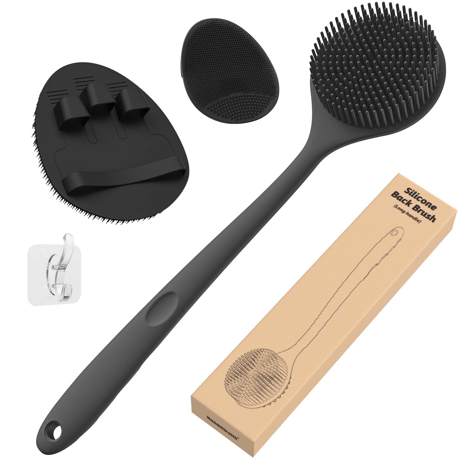 Manmihealth Silicone Back Scrubber (Thin Bristles) & Bath Glove & Face Brush Set(3PCS), Super-Exfoliating & Lathering Body Scrubber, Shower Brush, Face Scrubber Combination, with a Free Hook.(Black)