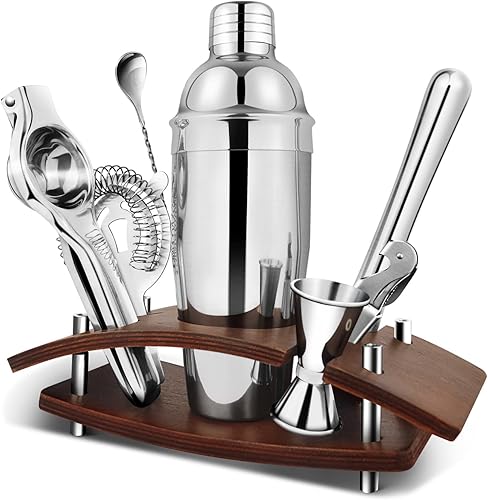 Kit de barman, juego de coctelera con soporte de bambú, kit perfecto de barman en casa y juego de batidora de bebidas Martini, herramienta de barra