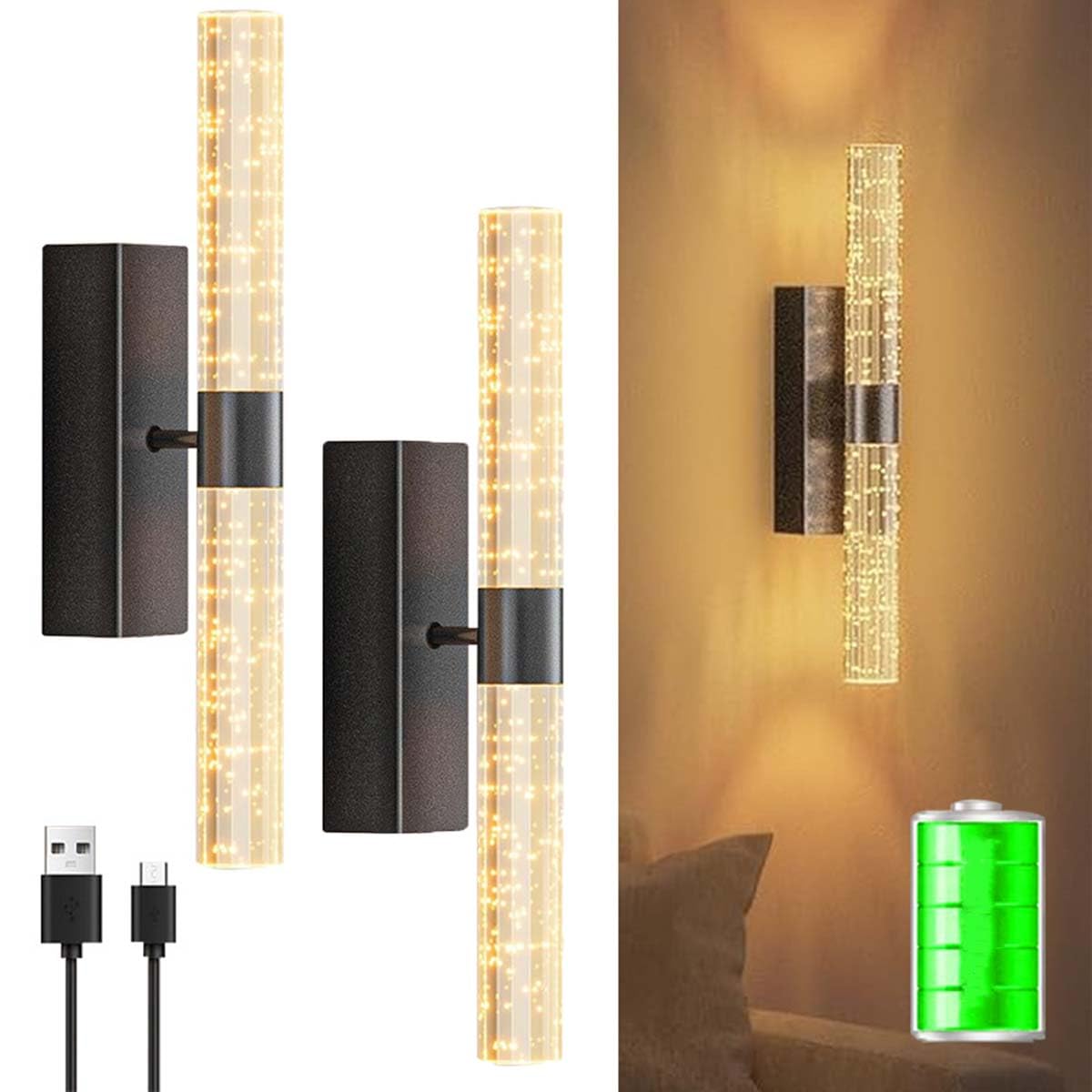 AoLa 2 Stück Akku Wandleuchte Innen Aufladbare Kabellose Wandlampe Touch Dimmbar mit Fernbedienung Wandleuchten Ohne Stromanschluss Wiederaufladbare Lange Wandbeleuchtung für Wohnzimmer Schlafzimmer