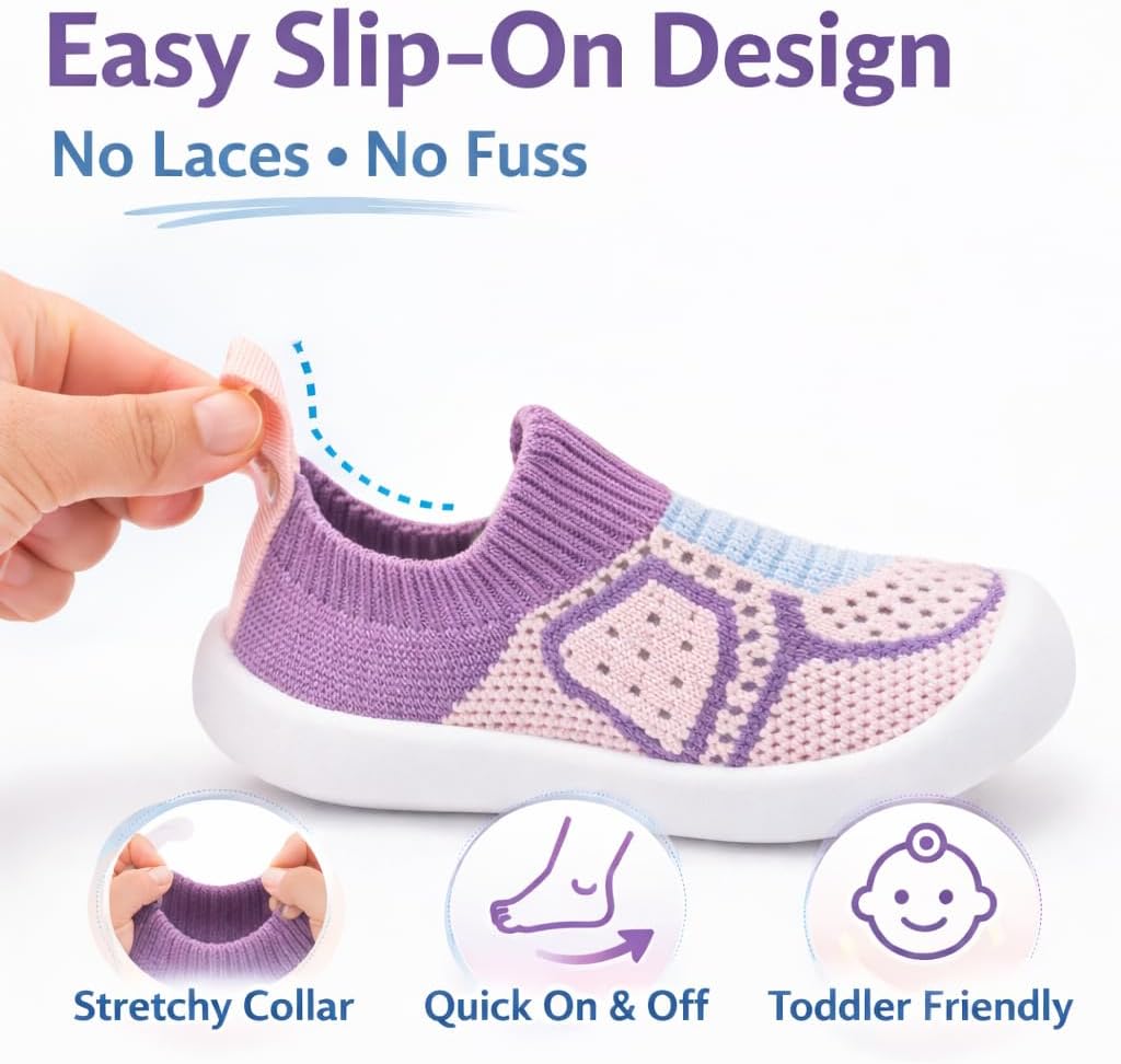 Baby Walking Shoes for Boys Girls – Breathable Knit Toddler Sneakers Non-Slip Soft Sole Infant First Walker Slip-On Shoes Lightweight Baby Sneakers for Crawling, Standing & Walking (12-24 Months)