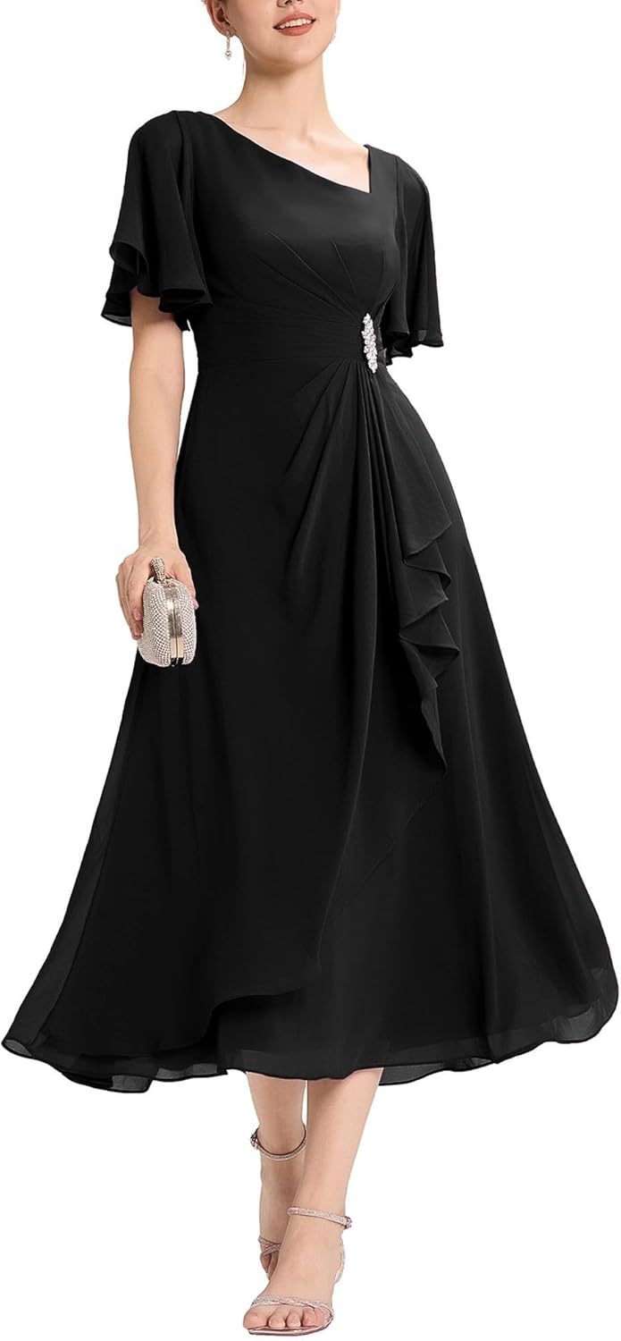 Ever-Pretty Women's Maxi Chiffon Formal Mother of Bride Dress A-Line Asymmetrical Neck Rhinestone Wedding Guest Dresses 02463