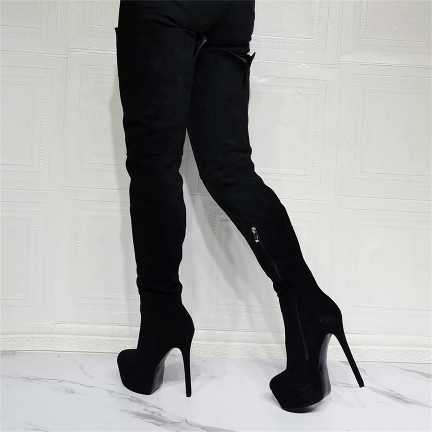 Damenmode Overknee-Stiefel aus schwarzem Wildleder sexy Plateau-Oberschenkelhohe Stiefel Fetisch-High-Heels Stripper-Club-Show Pumps-Schuhe shoes/Black/38EU
