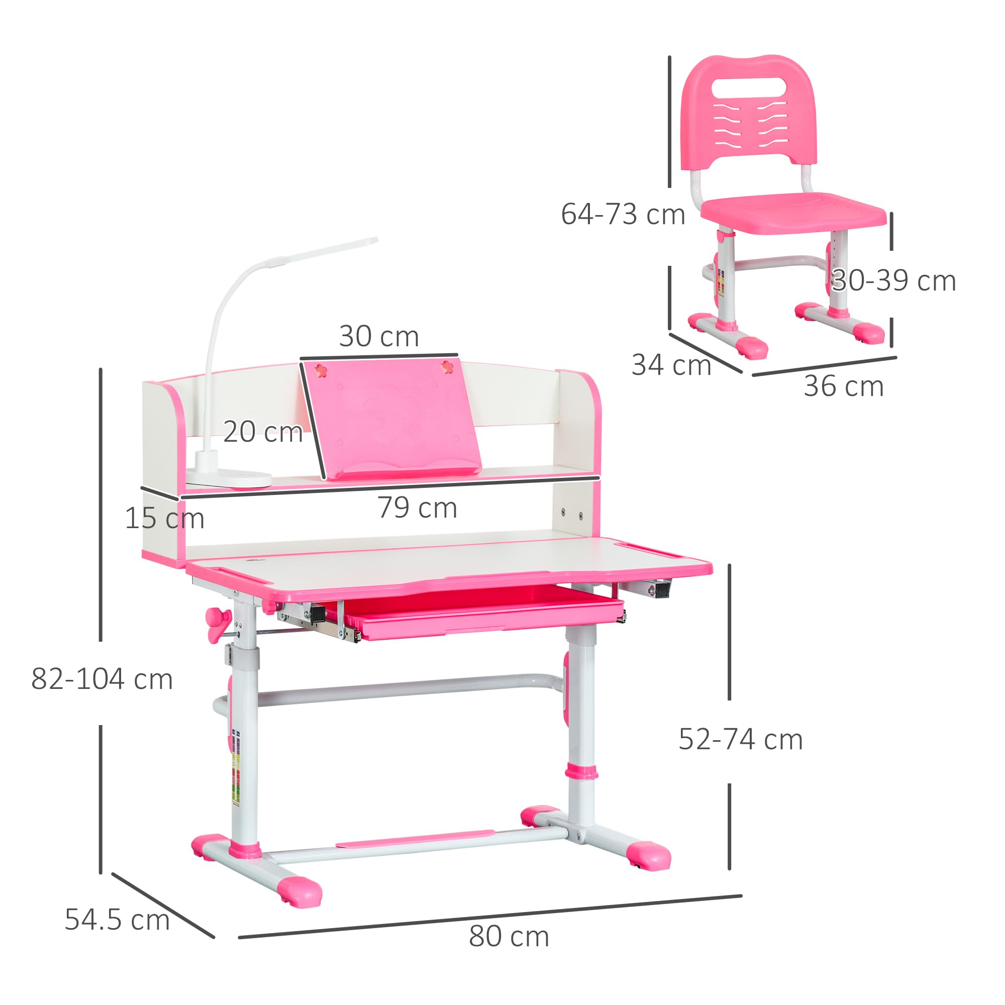 HOMCOM Set Scrivania e Sedia per Bambini 6-12 Anni Regolabili in Altezza, Banco Scuola con Piano Inclinabile 45°, Lampada, Cassetto, Scaffale, Portapenne e Leggio, in Acciaio e MDF, Rosa