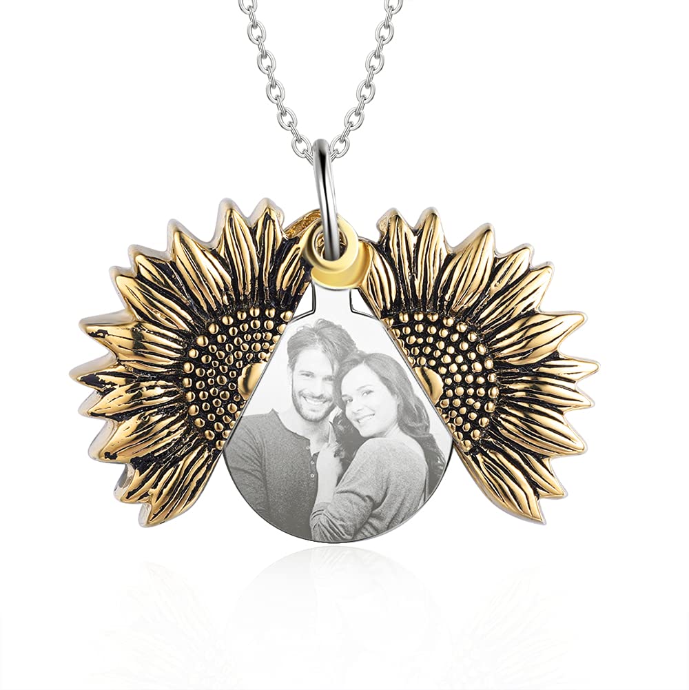 Personalized Locket Necklace LAGOFIT Sunflower Necklace Memory Pendant Photo Necklace with Custom En