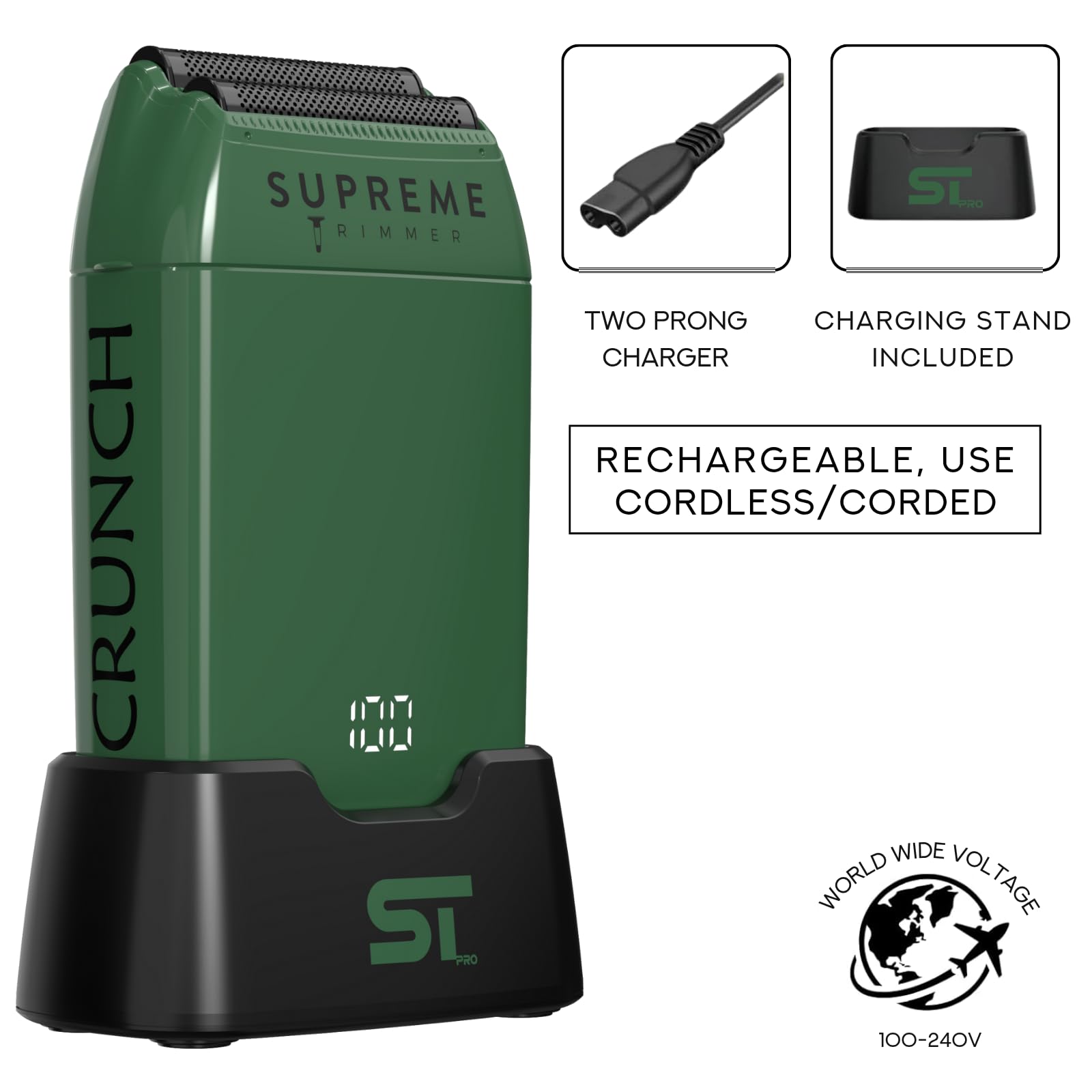 Supreme Trimmer Crunch STF602 - Rasoio a doppia lamina impermeabile da uomo, durata 150 minuti, rasoio elettrico senza fili e con filo per bagnato/asciutto, fogli ipoallergenici per viso, testa e