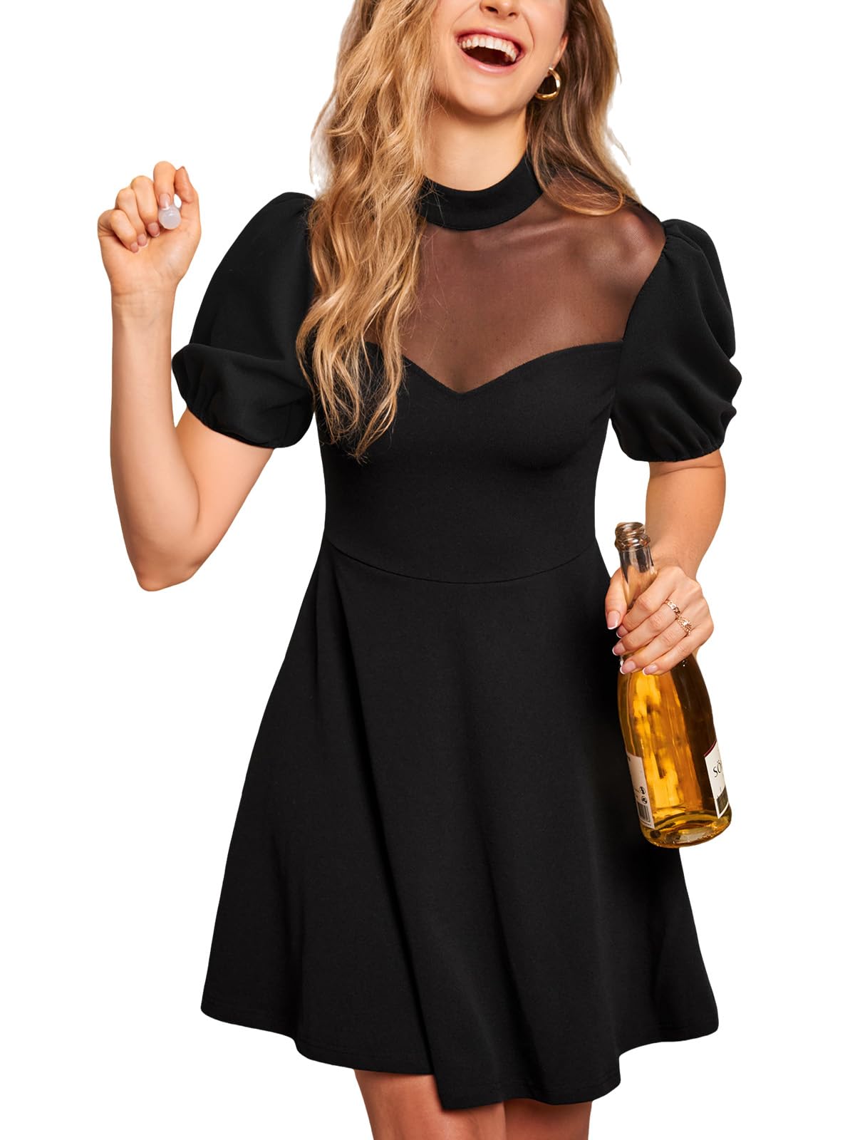 CUPSHE Mini robe élégante pour femme avec col montant et manches à bulles