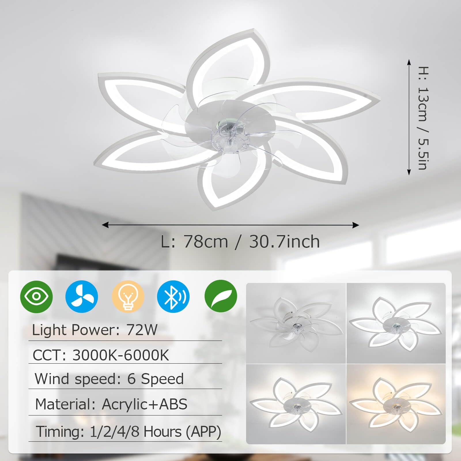 Wentylatory sufitowe ze światłami i zdalne wentylatory sufitowe DC z lampami LED, ciche ściemnianie, zimowe i letnie, do salonu, sypialni, salonu, kwiatu, wentylator sufitowy, czarny