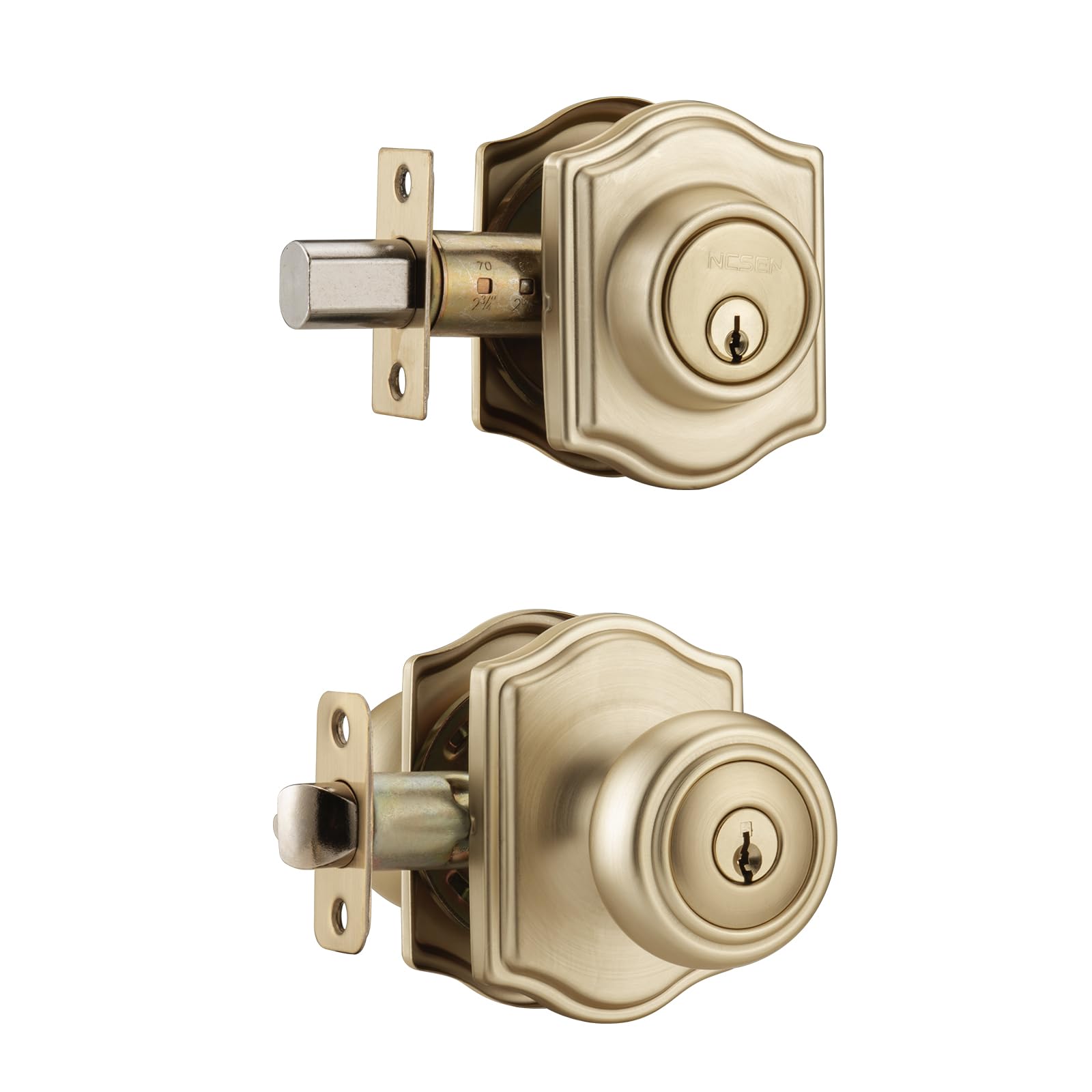 NCSEN Brushed Gold Door Knobs with Camelot Trim, Exterior Door Lock Set with Deadbolt Keyed Alike, Coastal Style Exterior Door Knob for Bedroom