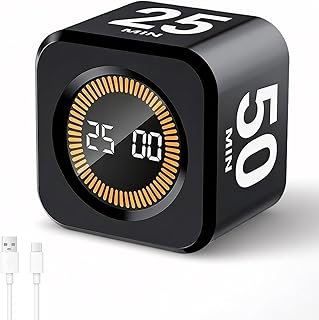 Würfel Visueller Timer – Drehbarer Pomodoro Timer mit 5/10/25/50 Minuten & Individuellem Countdown, Digitaler Timer mit Stumm und Klingelmodus, USB-C Wiederaufladbarer Küchentimer, Schwarz