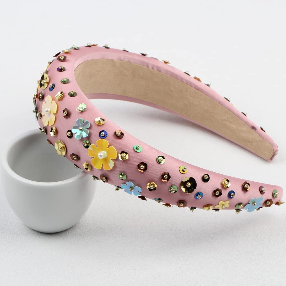 Fashion Luxury Party Hairband Handmade Baroque Bling Bling Flower Bead Headbands for Women Accessories Wide Sponge Hair Hoop (pink) image 5
