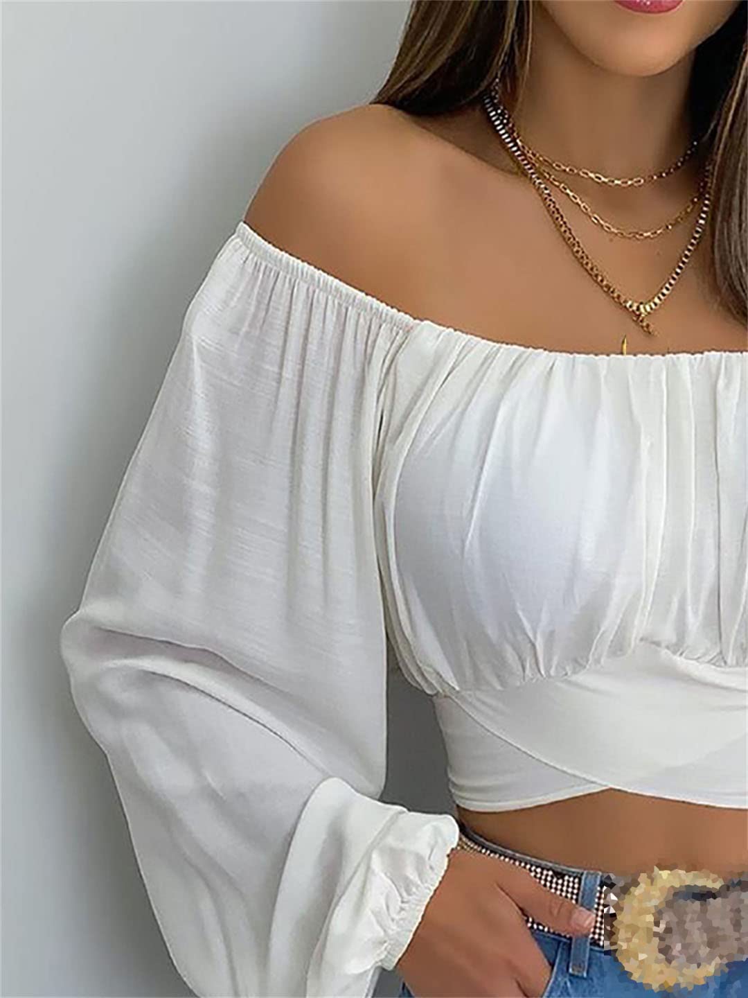 Generic Camicetta da Donna con Spalle Scoperte Camicetta Estiva con Maniche a Lanterna Incrociate Incrociate sul Retro