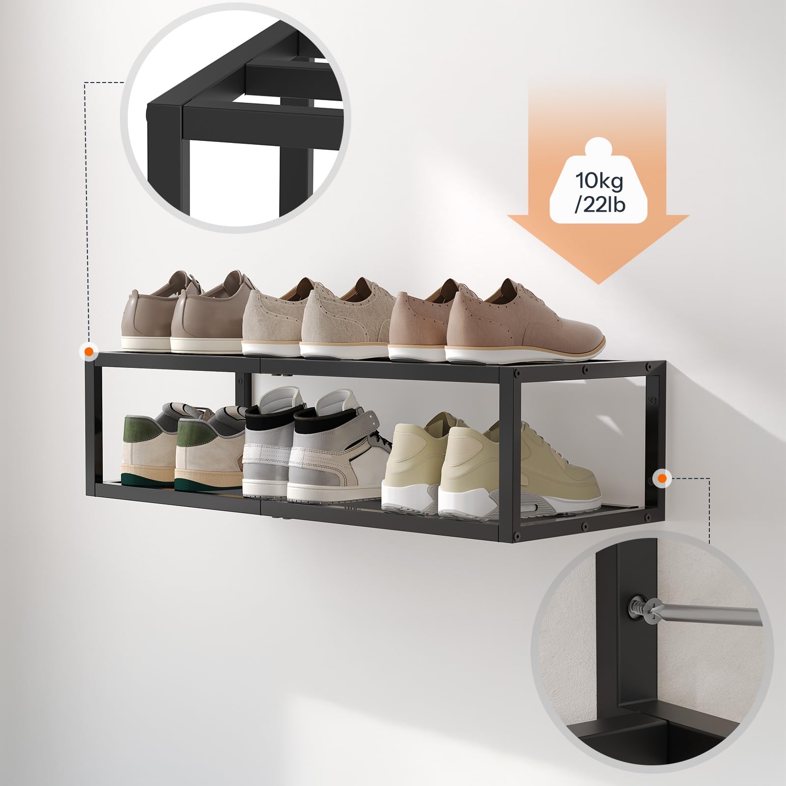 HOOBRO Schuhregal Wand, Schuh Wandregal, Hängende Schuhablage, Wandmontage, 2er Set, Metall, platzsparend, für 12-16 Paar Schuhe, für Eingang, Flur, kleine Räume, Schwarz EBK44XJP201