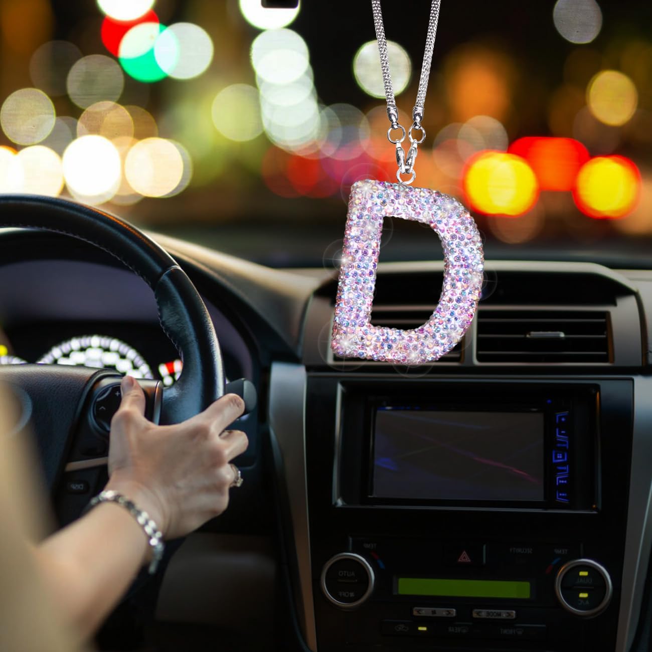 Colorful Bling Rearview Mirror Accessories Diamond Crystal Rhinestone Car Letter Pendant Cute Hanging Car Lucky Ornaments for Women — view 3