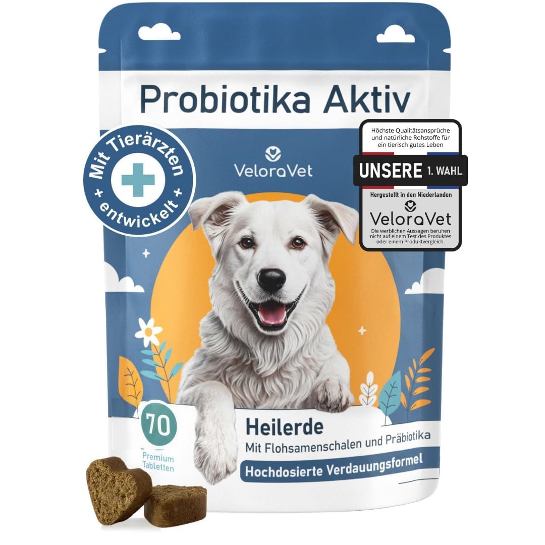 Probiotika Hund – Magen Darmsanierung & Darmkur für Hunde-Darmflora, Präbiotika, Flohsamenschalen & Heilerde, Tierärztlich empfohlen bei Durchfall, Sodbrennen – 70 Probiotika Tabletten