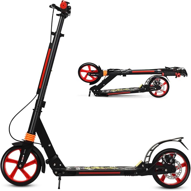GYMAX Folding Kick Scooter, Adjustable Handlebars Adult Scooters with Big Wheels & Carrying Strap, Lightweight Scooter for Teens & Adults Ages 8+, Support 100kg