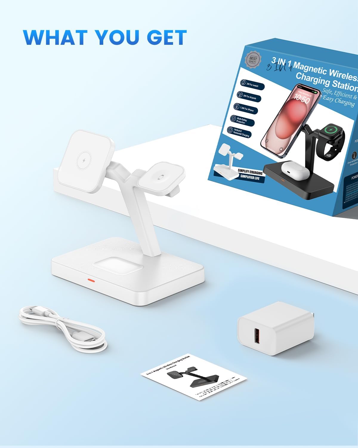 JoyGeek 3-in-1 Magnetic Wireless Charging Station for iPhone 16/15/14/13/12 Series & Apple Watch Ultra 2/SE; 360° Adjustable Phone Stand with 18W Adapter, Compatible with AirPods Pro/3/2 - Image 8