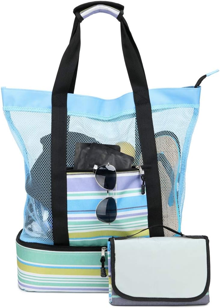 Large Mesh Beach Tote Bag with Picnic Blanket and Built-in Insulated Cooler