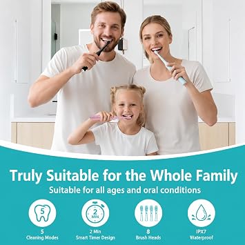 Sonic Electric Toothbrush for Adults & Kids with 8 Brush Heads Pink