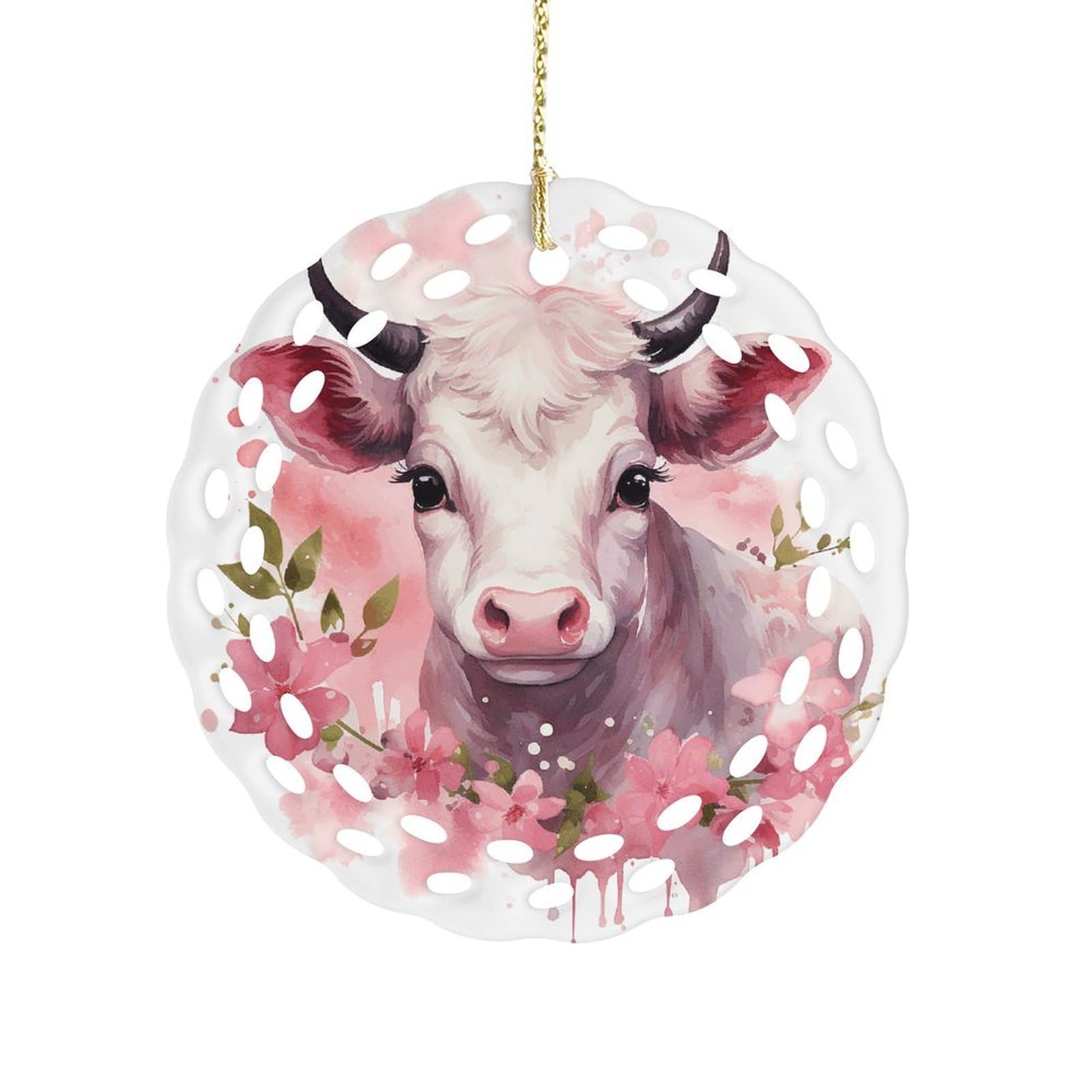 Btcowzrv Style A Little Cow Ceramic Ornament,Round Ornaments With Hole Easy To Hang,Hanging Ornament For Wedding Party Home Window Garden Christmas Day Decor