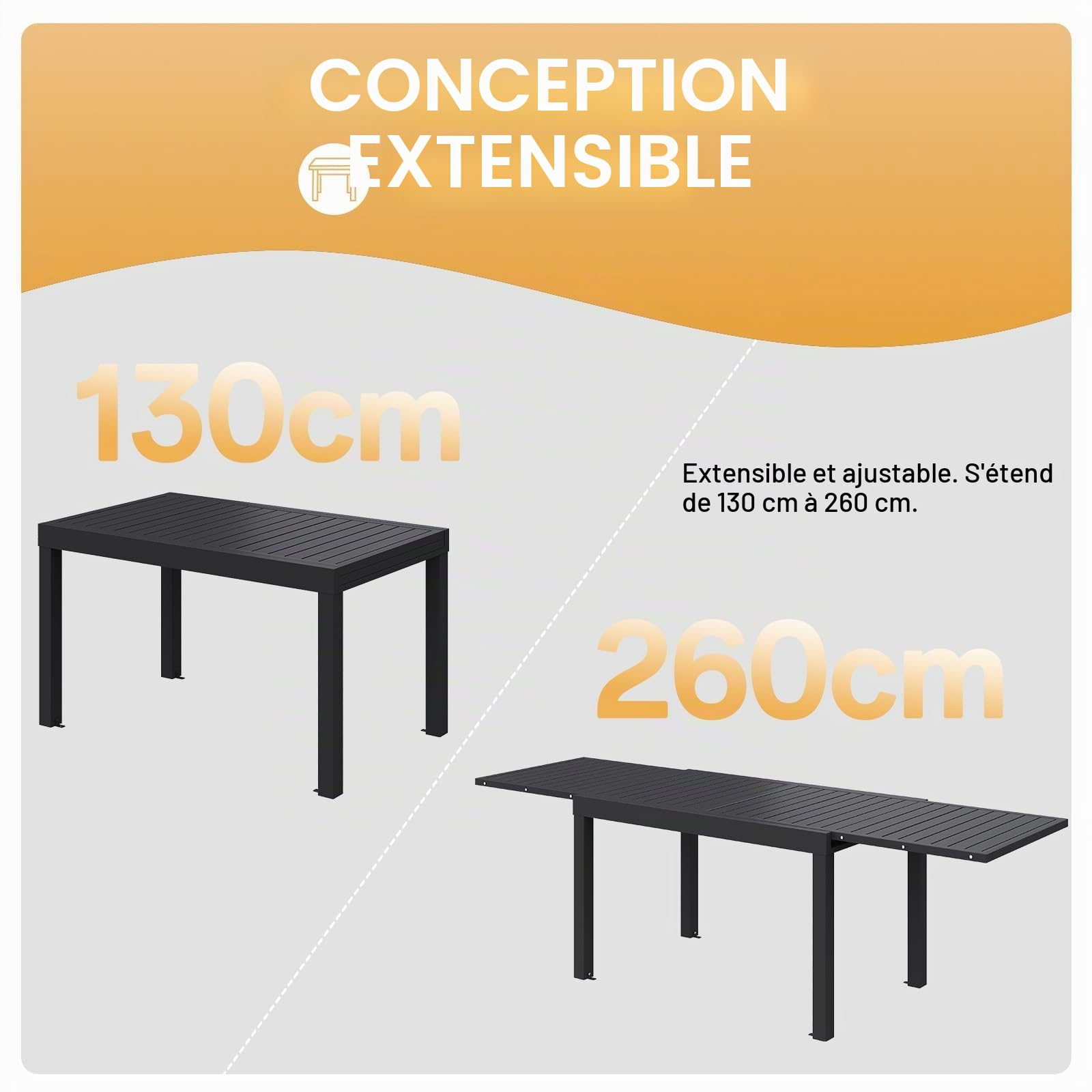 Devoko Salon de Jardin Exterieur 8 Personnes, 8+1 Mobilier de Jardin Aluminium, 8 Chaise Empilable Aluminium et 1 130CM-260CM Table de Jardin Extensible, Gris Foncé