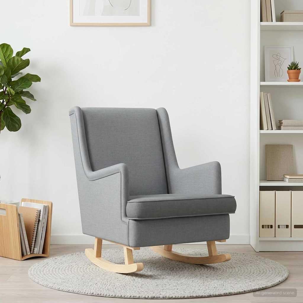 Mecedora gris claro 62 x 80 x 85 cm de tela silla de relax con marco de madera estable, respaldo alto, cojín extraíble para salón, dormitorio, terraza y porche