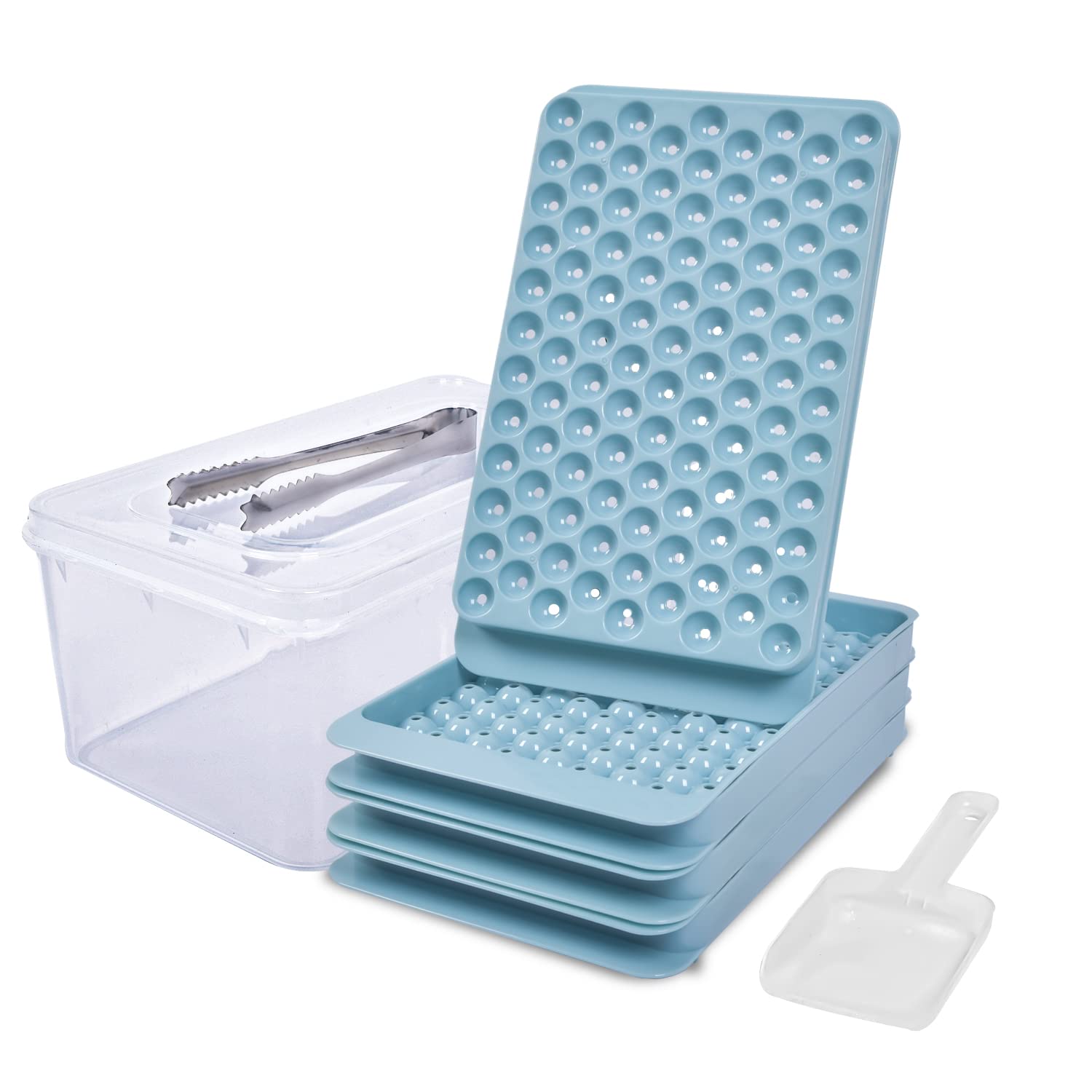 Mini round ice cube tray,Ice ball making mold for freezer with container lid 0.6 inch 4*104 spheres ice cubes,Blue 4 packs ice trays a Ice bucket and ice tongs for cooling cocktails whiskey and coffee