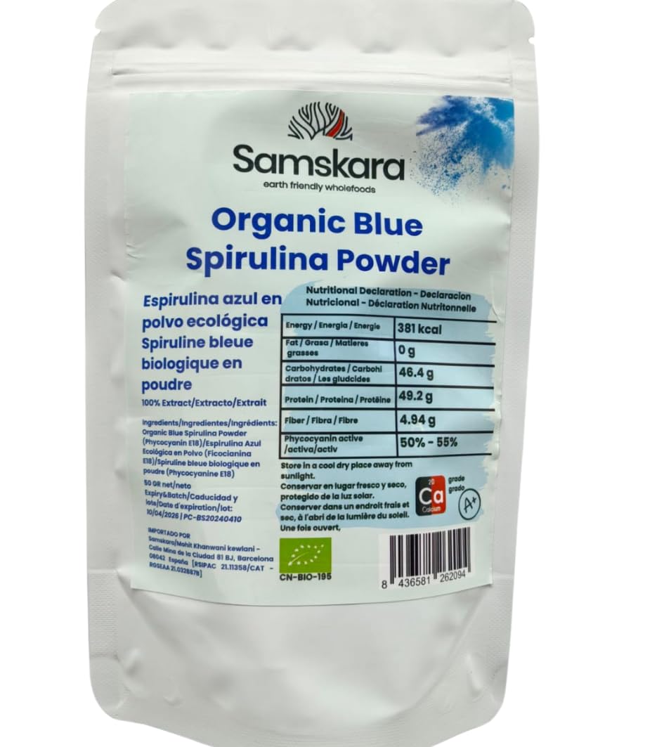 Espirulina Azul BIO | Extracto de Ficocianina 100% | colorante azul alimentario natural | a base de algas | Luminoso para batidos, repostería, bebidas, yogur y mas | sin OMG | 50 gramos x 1 pack