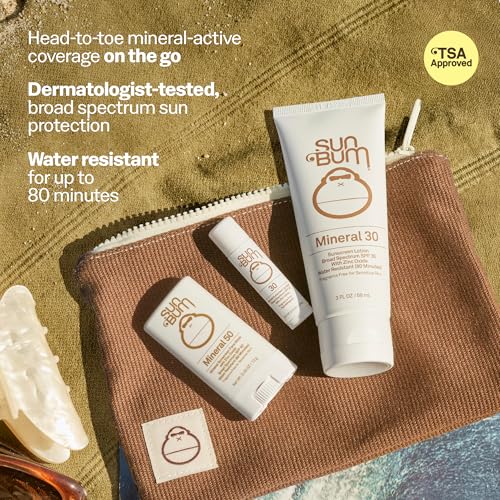 Image of Sun Bum Mineral Road Tripper - Travel Sized Sun Care Pack with Sunscreen Lotion, Face Stick, and Lip Balm - Broad Spectrum UVA /UVB Protection - Hawaii 104 Act Compliant - TSA Friendly