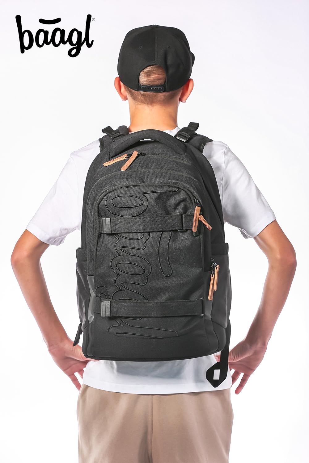 Baagl Schulrucksack für Jungen Mädchen Teenager - Skate Max - Skateboard Rucksack - Kinderrucksack mit Laptopfach und Brustgurt für Schule, Weiterführendeschule, Mittelschule, 30 l (Darkness)