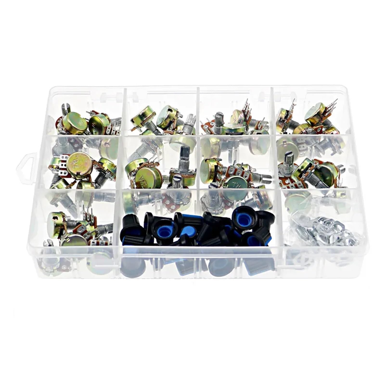 Kit de potenciómetro único WH148 de 45 Piezas, Caja B1K, 5K, 10K, 20K, 50K, 100K, 500K, 1M con perillas, Juego de potenciómetros Individuales, Tuercas de Eje
