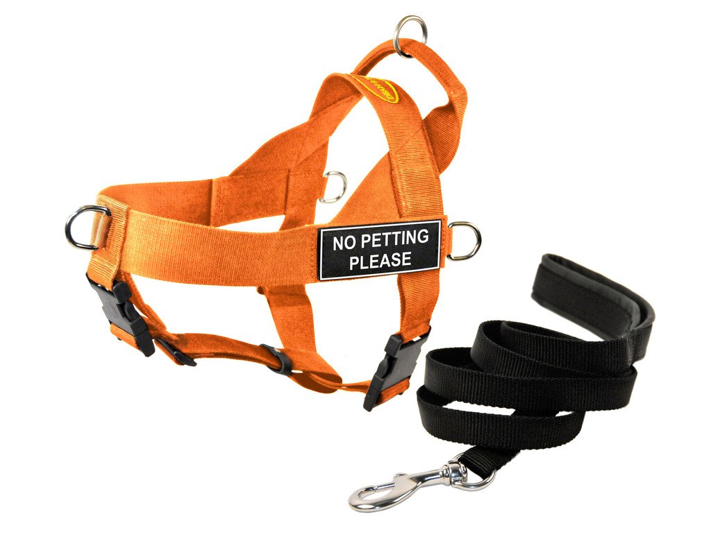 Dean & Tyler DT Universal No Pull Dog Harness with "No Petting Please" Patches and Puppy Leash, Orange, Large