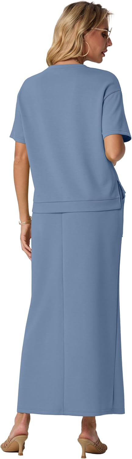 GRECERELLE Women Summer Casual 2 Piece Sets Crew-Neck Wrinkle-Free Top & Elastic Waist Maxi Front Slit Skirt with Pockets - Image 6