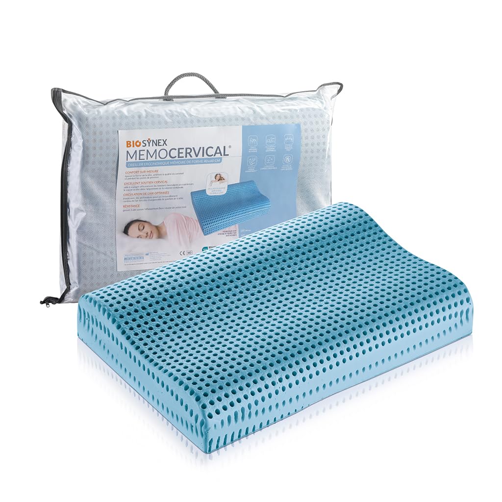 BIOSYNEX - MEMOCERVICAL - Oreiller Ergonomique Rectangulaire à Mémoire de Forme - Double Vague - 40 x 60 cm - Dispositif Médical - Fabriqué en Italie (BLEU, Double Vague)