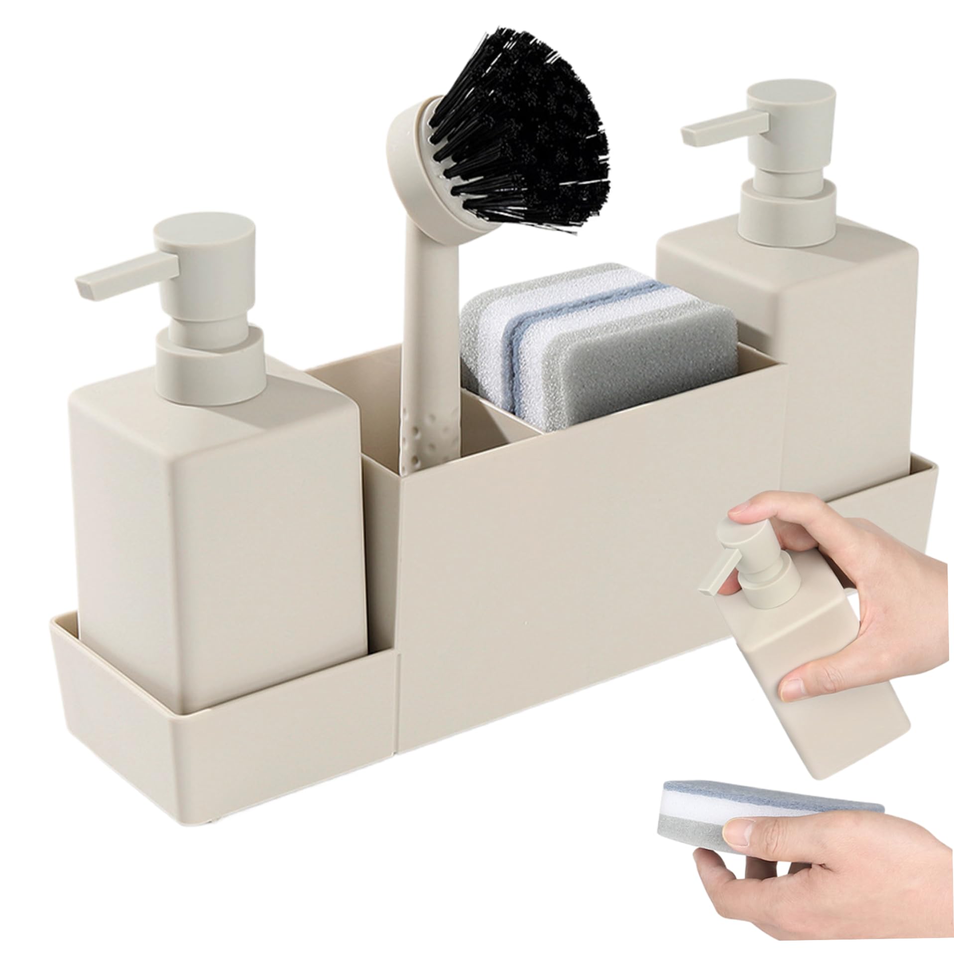Dispensateur de Savon de Cuisine régler 5pcs / régler Le Distributeur de Savon à Vaisselle en Plastique avec Support d'éponge, éponge et Brosse Accessoires de Cuisine Beige drainant..