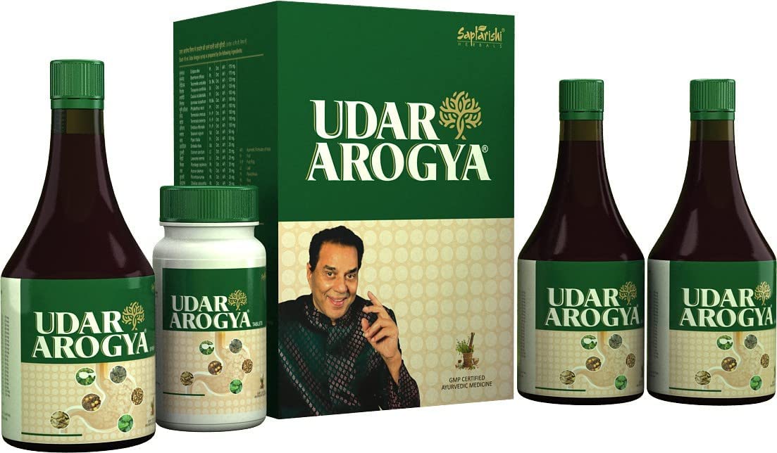 Udar Arogya ADVERTISED BY DHARMENDRA Ayurvedic Tonic for Digestion, Acidity, Constipation and Gas Relief, Helps Improve Digestive Immunity, 1 bottle 180 TABLTES + 300 ML 3 syrup TOTAL - 900 ML