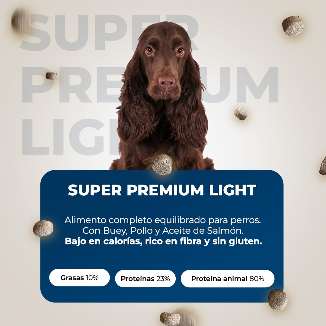 Pienso Light - Pienso para Perros Esterilizados Adultos - Light con Control de Peso - Alimento Completo Sin Cereales y Bajo en Calorías - 15kg - Lobo Azul Super Premium